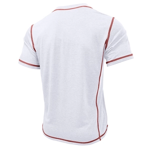 Close-up of white short-sleeve Henley shirt with red contrast stitching and textured fabric