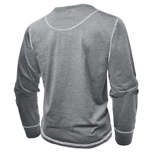 Rear view of men's grey long sleeve Henley shirt with white flatlock contrast stitching
