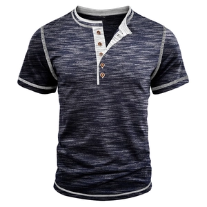 Detail of grey contrast trim and three-button placket on blue melange Henley t-shirt