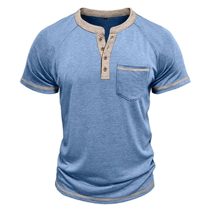 Close-up of contrast patchwork pockets and neckline on men's Henley shirt