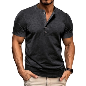Detailed view of the 5-button placket and slub texture on the charcoal men's Henley shirt