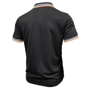 Rear view detail of black polo shirt featuring striped trim on collar and sleeves
