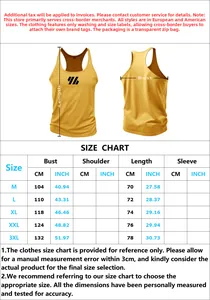 Men's athletic tank top size chart detailing bust and length measurements from M to 3XL