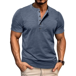 Detailed view of grey-blue muscle fit Henley shirt with five-button neckline and textured fabric