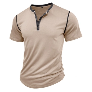 Macro view of khaki Henley shirt with black contrast collar and three button placket