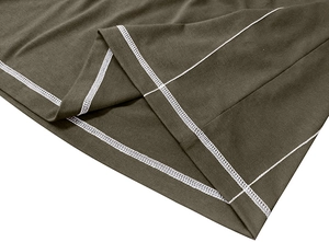 Detail of army green Henley shirt showing high-quality white contrast stitching on fabric