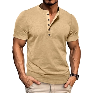 Detail of khaki slim fit Henley shirt showing slub cotton texture and buttoned placket
