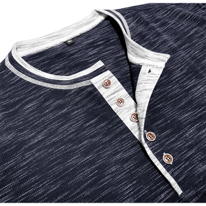 Detail view of men's Henley shirt featuring space-dye blue fabric and five buttons