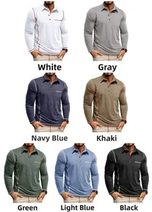 Multi-color collection of men's long sleeve polo shirts with pockets and contrast stitching