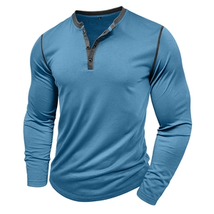 Detail of blue Henley shirt with grey placket, three buttons and black contrast stitching