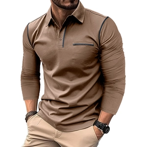 Front detail of long-sleeve polo shirt with dark blue contrast trim on collar and chest