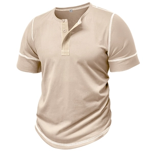 Detail of three-button placket and white contrast stitching on khaki Henley t-shirt