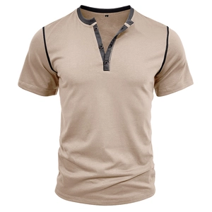 Close-up of light khaki Henley T-shirt with black contrast collar and three buttons