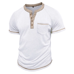 Detail of white cotton Henley shirt with khaki contrast trim and wooden buttons
