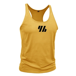 Men's ginger yellow stringer tank top with geometric logo for fitness and gym training