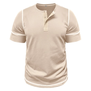 Detail of beige Henley shirt with white contrast stitching on shoulder and hem