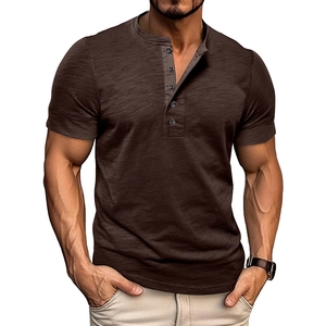 Detail of coffee brown muscle Henley shirt showing slub cotton texture and button neckline