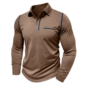 Detailed close-up of brown long sleeve polo shirt with navy blue contrast stitching detail