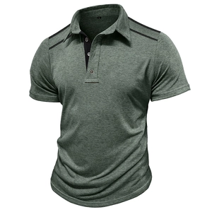 Close-up of polo shirt collar with three buttons and black shoulder stitching detail
