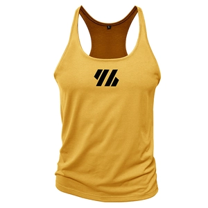 Men's mustard yellow loose fitness stringer tank top with athletic geometric logo