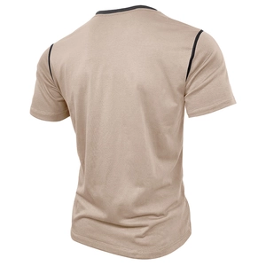 Rear view of khaki short sleeve Henley shirt with black contrast trim on the collar and sleeves