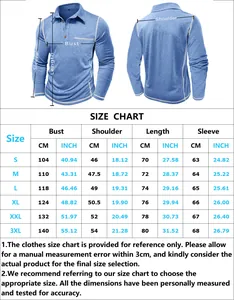 Detailed size chart for men's long sleeve polo shirt showing measurements in cm and inches