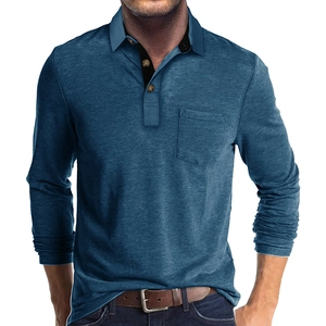 Polo à manches longues pour hommes bleu canard avec poche poitrine et col boutonné