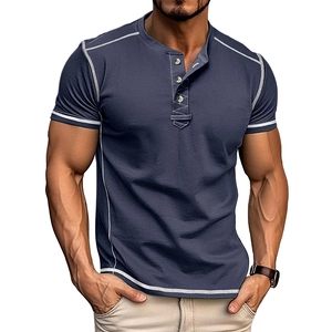 Men's dark grey blue short sleeve Henley shirt with white contrast stitching and buttons