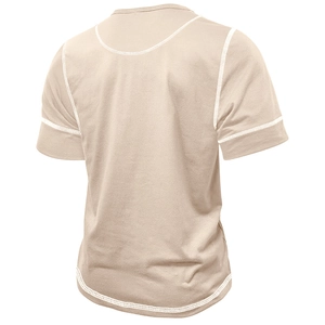 Detail view showing the back of beige muscle Henley shirt with white contrast stitching