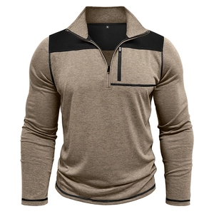 Men's khaki and black patchwork quarter-zip sweatshirt with stand collar and chest pocket