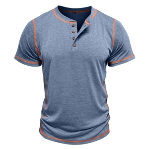 Detail of blue Henley shirt showing orange contrast stitching and four-button placket
