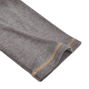 Detail of heather grey long sleeve cuff with decorative contrast stitching on knit fabric