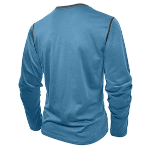 Rear view of long sleeve blue henley shirt featuring contrast stitching and gray collar trim