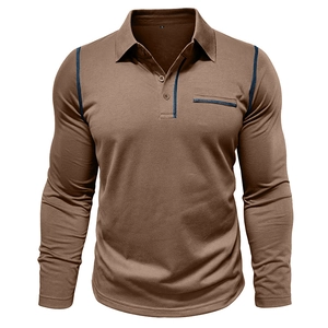Close-up of men's dark brown long sleeve polo shirt with navy blue contrast stitching detail