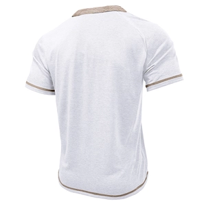 Back view of a white short-sleeve Henley shirt with khaki trim and knit texture