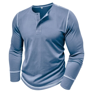 Detail view of men's Henley shirt neck with contrast stitching and buttons