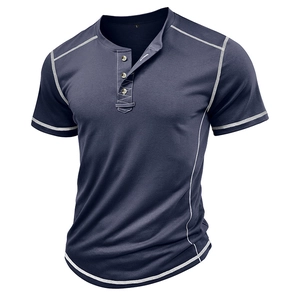 Detail of navy blue Henley shirt with white contrast stitching and three-button neckline