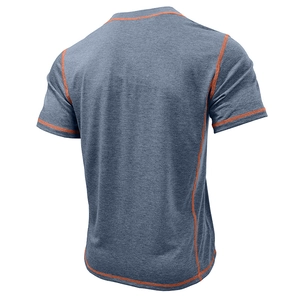 Rear view of men's short sleeve T-shirt with orange contrast stitching on dark grey fabric
