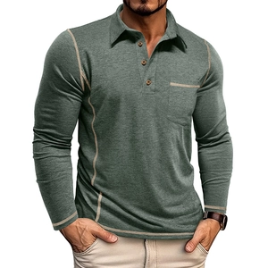 Men Long Sleeve Polo Shirt Contrast Stitching Polyester Viscose Blend Casual Lapel Top Pocket Wooden Buttons Fashion Urban Style