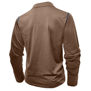 Detailed back view of men's long sleeve polo shirt with blue contrast shoulder stitching