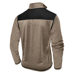 Men's quarter-zip sweatshirt in khaki and black color-block with stand collar, back view