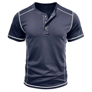 Detailed view of men's Henley shirt featuring white contrast stitching and a three-button placket