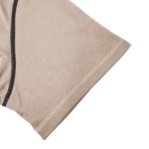 Detail of khaki Henley shirt showing precise double-needle stitching and black seam lines