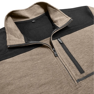 Detailed macro view of the half-zip collar and stitching on a contrast tactical sweatshirt
