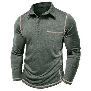 Men's long sleeve polo shirt in dark green with contrast stitching and chest pocket