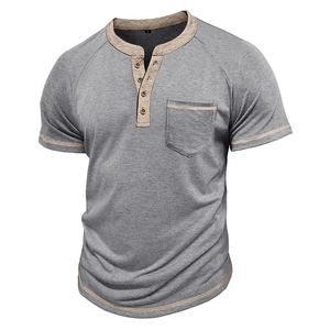 Detailed close-up of gray Henley shirt neck with khaki contrast trim and buttons