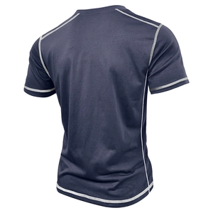 Detail view of contrast white stitching on dark blue raglan sleeve henley shirt back