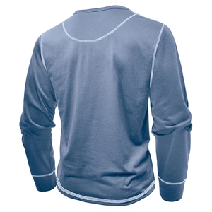 Detailed back view of men's Henley shirt showing white contrast stitching on fabric