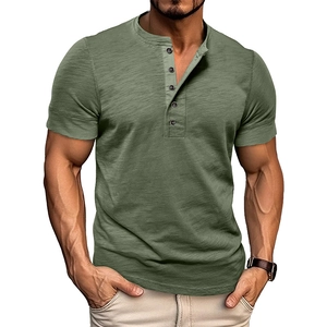 Close-up of olive green muscle Henley shirt showing five-button placket and textured fabric
