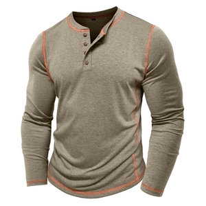 Detail of olive green Henley shirt with contrast orange stitching and four-button neckline